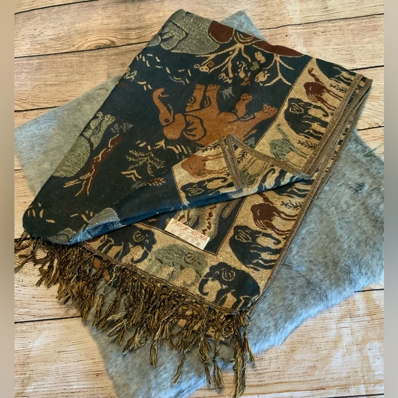 100% Cashmere Pashmina Elephant Pattern Scarf Wrap - Picture 2 of 10
